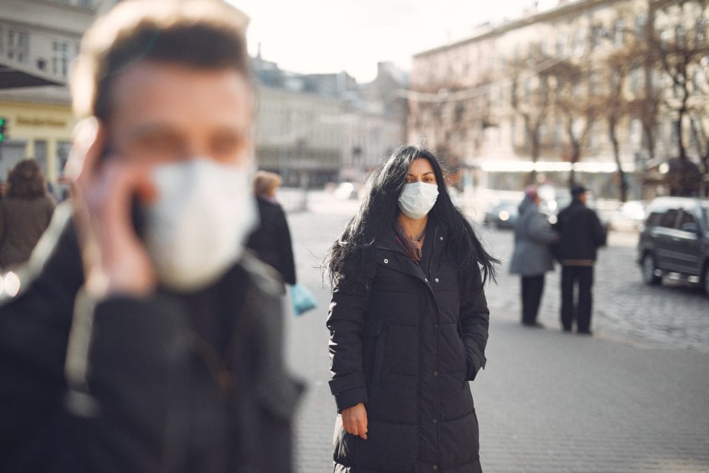Women in coat wearing face mask in the street
